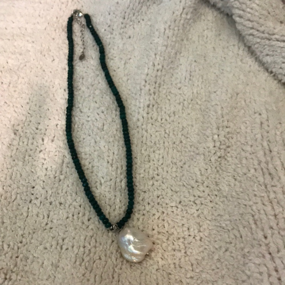Dark Green Beaded Necklace with Baroque Pearl Pendant